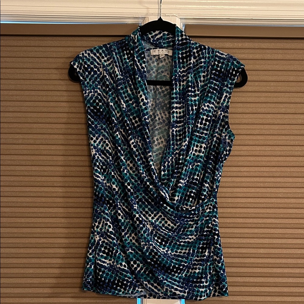 Chaus Blue and Black Patterned Drape Neck Blouse